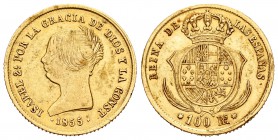 Isabel II (1833-1868). 100 reales. 1855. Sevilla. (Cal-33). Au. 8,37 g. Golpecito en el canto. MBC+. Est...240,00.