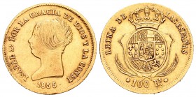Isabel II (1833-1868). 100 reales. 1855. Sevilla. (Cal-33). Au. 8,36 g.  Canto liso a las 12h. MBC+. Est...275,00.