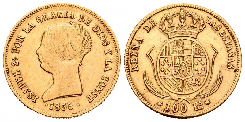 Isabel II (1833-1868). 100 reales. 1855. Sevilla. (Cal-33). Au. 8,38 g. Golpecit...