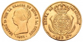 Isabel II (1833-1868). 100 reales. 1855. Sevilla. (Cal-33). Au. 8,38 g. Golpecito en anverso. MBC+. Est...275,00.