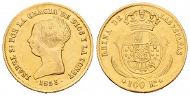 Isabel II (1833-1868). 100 reales. 1855. Sevilla. (Cal-33). Au. 8,38 g. Soldadura reparada a las 12 h. MBC/MBC+. Est...220,00.