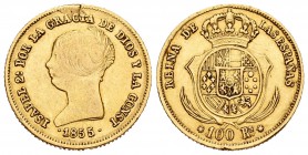 Isabel II (1833-1868). 100 reales. 1855. Sevilla. (Cal-33). Au. 8,35 g.  Golpes en el canto. MBC-. Est...220,00.