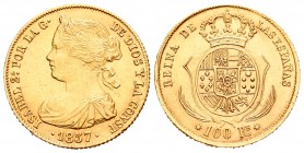 Isabel II (1833-1868). 100 reales. 1857. Sevilla. (Cal-35). Au. 8,36 g. EBC. Est...300,00.