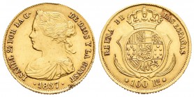 Isabel II (1833-1868). 100 reales. 1857. Sevilla. (Cal-35). Au. 8,39 g. Canto algo liso a las 12 h. EBC/EBC+. Est...250,00.