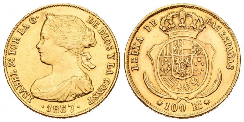 Isabel II (1833-1868). 100 reales. 1857. Sevilla. (Cal-35). Au. 8,33 g. Estuvo e...