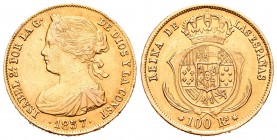 Isabel II (1833-1868). 100 reales. 1857. Sevilla. (Cal-35). Au. 8,38 g. Golpecitos en el canto. MBC/MBC+. Est...250,00.