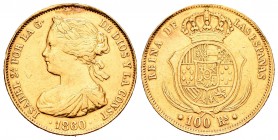 Isabel II (1833-1868). 100 reales. 1860. Barcelona. (Cal-13). Au. 8,30 g. Estuvo en aro. Golpes en el canto. MBC+. Est...250,00.