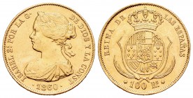 Isabel II (1833-1868). 100 reales. 1860. Madrid. (Cal-25). Au. 8,42 g. Resto de soldadura en el canto. MBC+/EBC-. Est...220,00.