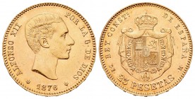 Alfonso XII (1874-1885). 25 pesetas. 1876*18-76. Madrid. DEM. (Cal-1). Au. 8,07 g. Restos de brillo original. EBC+. Est...240,00.