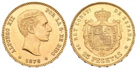 Alfonso XII (1874-1885). 25 pesetas. 1876*18-76. Madrid. DEM. (Cal-1). Au. 8,08 g. Restos de brillo original. EBC+. Est...260,00.
