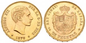 Alfonso XII (1874-1885). 25 pesetas. 1876*18-76. Madrid. DEM. (Cal-1). Au. 8,07 g. Restos de brillo original. EBC+. Est...260,00.