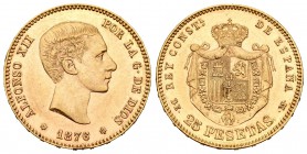 Alfonso XII (1874-1885). 25 pesetas. 1876*18-76. Madrid. DEM. (Cal-1). Au. 8,10 g. Restos de brillo original. EBC+. Est...260,00.
