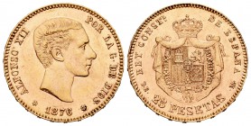 Alfonso XII (1874-1885). 25 pesetas. 1876*18-76. Madrid. DEM. (Cal-1). Au. 8,08 g. Brillo original. EBC/EBC+. Est...240,00.