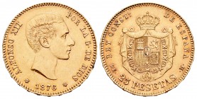 Alfonso XII (1874-1885). 25 pesetas. 1876*18-76. Madrid. DEM. (Cal-1). Au. 8,07 g. Golpecitos en el canto. EBC-. Est...240,00.
