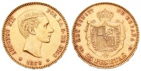 Alfonso XII (1874-1885). 25 pesetas. 1876*18-76. Madrid. DEM. (Cal-1). Au. 8,06 g. MBC+. Est...250,00.