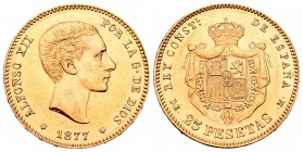 Alfonso XII (1874-1885). 25 pesetas. 1877*18-76. Madrid. DEM. (Cal-2). Au. 8,05 g. Segunda estrella tenue. EBC-/EBC. Est...240,00.