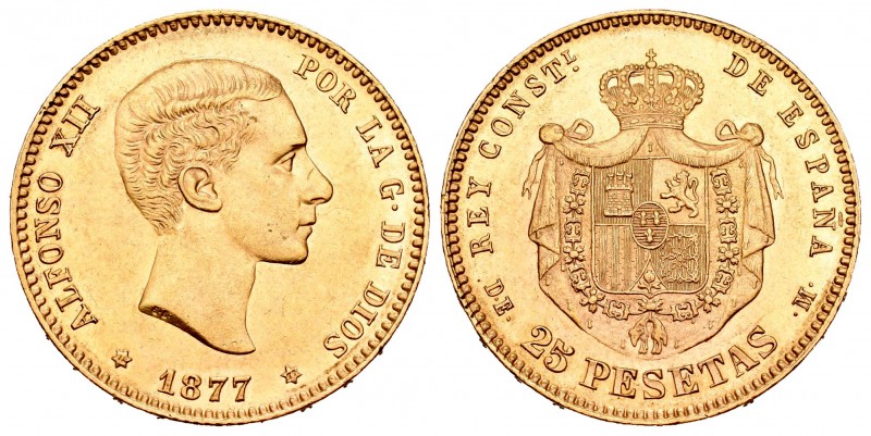 Alfonso XII (1874-1885). 25 pesetas. 1877*18-77. Madrid. DEM. (Cal-3). Au. 8,09 ...