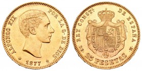 Alfonso XII (1874-1885). 25 pesetas. 1877*18-77. Madrid. DEM. (Cal-3). Au. 8,09 g. Brillo original. EBC+. Est...250,00.