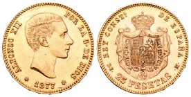 Alfonso XII (1874-1885). 25 pesetas. 1877*18-77. Madrid. DEM. (Cal-3). Au. 8,08 g. EBC+. Est...260,00.
