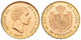 Alfonso XII (1874-1885). 25 pesetas. 1877*_ _-_ _. Madrid. DEM. (Cal-3). Au. 8,05 g. Brillo original. EBC+. Est...220,00.