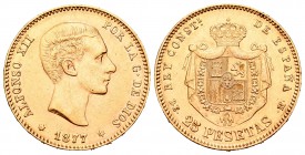 Alfonso XII (1874-1885). 25 pesetas. 1877*1_-77. Madrid. DEM. (Cal-3). Au. 8,05 g. EBC. Est...230,00.