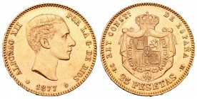 Alfonso XII (1874-1885). 25 pesetas. 1877*18-77. Madrid. DEM. (Cal-3). Au. 8,06 g. EBC/EBC+. Est...240,00.