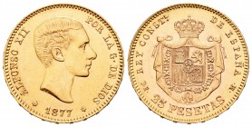Alfonso XII (1874-1885). 25 pesetas. 1877*18-77. Madrid. DEM. (Cal-3). Au. 8,06 g.  Restos de brillo original. EBC/EBC+. Est...240,00.