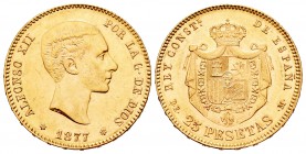 Alfonso XII (1874-1885). 25 pesetas. 1877*18-77. Madrid. DEM. (Cal-3). Au. 8,08 g. Restos de brillo original. EBC/EBC+. Est...240,00.