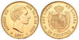 Alfonso XII (1874-1885). 25 pesetas. 1877*18-77. Madrid. DEM. (Cal-3). Au. 8,03 g. EBC. Est...240,00.