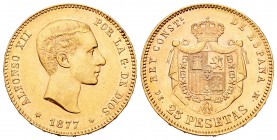 Alfonso XII (1874-1885). 25 pesetas. 1877*18-7_. Madrid. DEM. (Cal-3). Au. 8,05 g.  Restos de brillo original. EBC. Est...240,00.