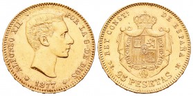Alfonso XII (1874-1885). 25 pesetas. 1877*1_-7_. Madrid. DEM. (Cal-3). Au. 8,05 g. EBC-. Est...210,00.