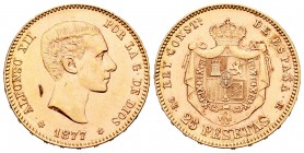 Alfonso XII (1874-1885). 25 pesetas. 1877*18-77. Madrid. DEM. (Cal-3). Au. 8,07 g. Incisión en anverso. EBC-. Est...220,00.