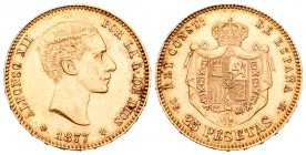 Alfonso XII (1874-1885). 25 pesetas. 1877*18-77. Madrid. DEM. (Cal-3). Au. 8,07 g. EBC-. Est...240,00.
