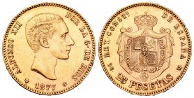 Alfonso XII (1874-1885). 25 pesetas. 1877*18-77. Madrid. DEM. (Cal-3). Au. 8,06 g. MBC+. Est...230,00.