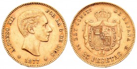 Alfonso XII (1874-1885). 25 pesetas. 1877*18-77. Madrid. DEM. (Cal-3). Au. 8,05 g. MBC+. Est...240,00.