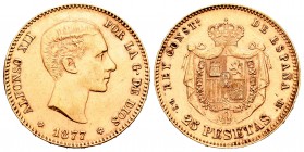 Alfonso XII (1874-1885). 25 pesetas. 1877*18-77. Madrid. DEM. (Cal-3). Au. 8,06 g. MBC+. Est...240,00.