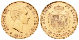 Alfonso XII (1874-1885). 25 pesetas. 1877*18-77. Madrid. DEM. (Cal-3). Au. 8,07 g. MBC+. Est...220,00.