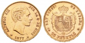 Alfonso XII (1874-1885). 25 pesetas. 1877*18-77. Madrid. DEM. (Cal-3). Au. 8,06 g.  Golpecitos. MBC+/EBC-. Est...220,00.