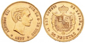 Alfonso XII (1874-1885). 25 pesetas. 1877*18-77. Madrid. DEM. (Cal-3). Au. 8,04 g. MBC+. Est...210,00.
