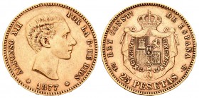 Alfonso XII (1874-1885). 25 pesetas. 1877*18-77. Madrid. DEM. (Cal-3). Au. 8,07 g. MBC. Est...220,00.