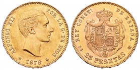 Alfonso XII (1874-1885). 25 pesetas. 1878*18-78. Madrid. DEM. (Cal-4). Au. 8,05 g. Parte de brillo original. EBC+. Est...240,00.