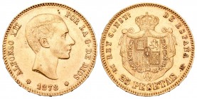 Alfonso XII (1874-1885). 25 pesetas. 1878*18-78. Madrid. DEM. (Cal-4). Au. 8,09 g. Golpecitos en anverso. EBC. Est...240,00.