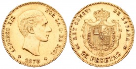 Alfonso XII (1874-1885). 25 pesetas. 1878*18-7_. Madrid. DEM. (Cal-5). Au. 8,04 g. Golpecitos en el canto. EBC-. Est...230,00.