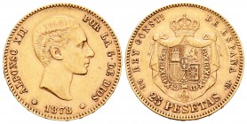 Alfonso XII (1874-1885). 25 pesetas. 1878*18-7_. Madrid. DEM. (Cal-5). Au. 8,06 g. Segunda estrella anepígrafa. Escasa. MBC+. Est...210,00.