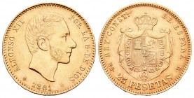 Alfonso XII (1874-1885). 25 pesetas. 1881*18-81. Madrid. MSM. (Cal-14). Au. 8,05 g. EBC+/EBC. Est...230,00.