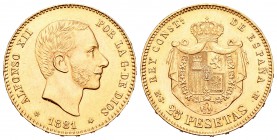 Alfonso XII (1874-1885). 25 pesetas. 1881*18-81. Madrid. MSM. (Cal-14). Au. 8,09 g. Brillo original. EBC+. Est...240,00.