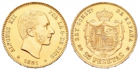 Alfonso XII (1874-1885). 25 pesetas. 1881*18-81. Madrid. MSM. (Cal-14). Au. 8,07 g. Golpecito en el canto. Rayitas. EBC. Est...230,00.