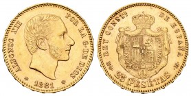 Alfonso XII (1874-1885). 25 pesetas. 1881*18-81. Madrid. MSM. (Cal-14). Au. 8,07 g. EBC-. Est...240,00.