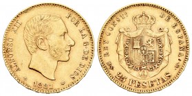 Alfonso XII (1874-1885). 25 pesetas. 1881*18-81. Madrid. MSM. (Cal-14). Au. 8,04 g. Golpecito en reverso. MBC+. Est...220,00.