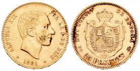 Alfonso XII (1874-1885). 25 pesetas. 1881*18-81. Madrid. MSM. (Cal-14). Au. 8,08 g. MBC+. Est...210,00.